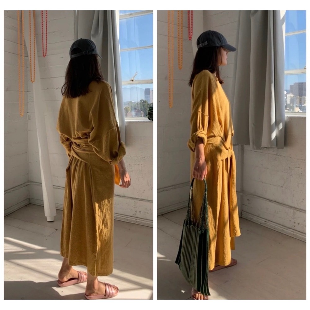 April Meets October Mustard Yellow Cotton Gauze Tie Waist Midi Dress One Size